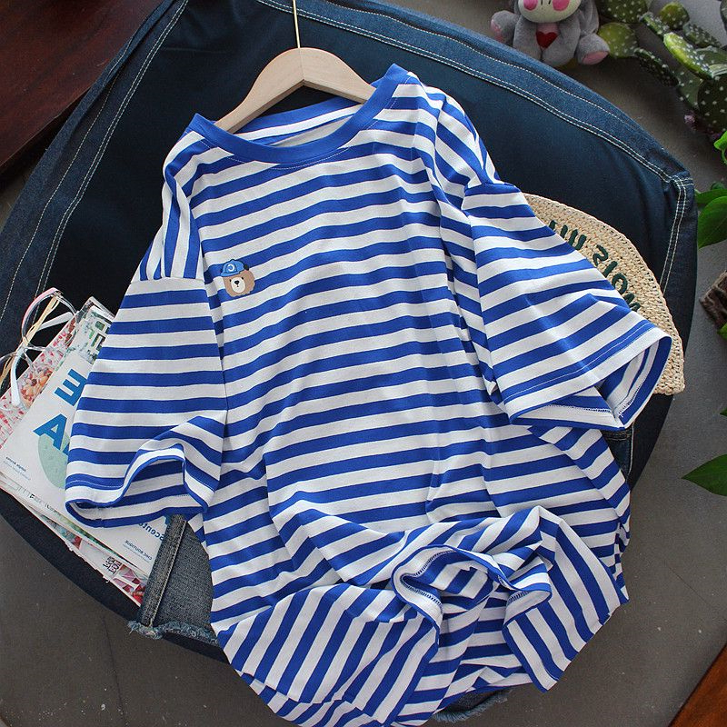 Extra Large Size 150kg Cartoon Striped Navy Shirt Short-Sleeved T-Shirt for Men and Women, Summer Trendy Thin Loose Casual Top