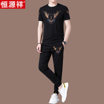 Hengyuanxiang mulberry silk casual suit mens short-sleeved summer youth trend breathable shorts sportswear Ice silk mens clothing