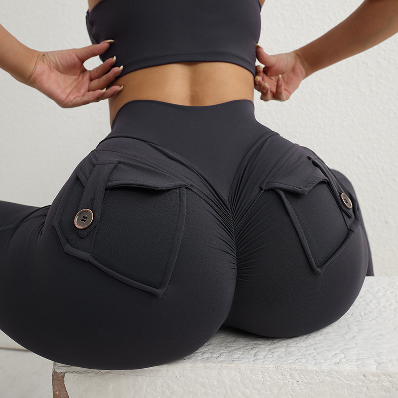Nude-Feel Workwear-Style Tight-Fitting Buttoned High-Waisted Butt-Lifting Yoga Pants for Women with Pockets, Sports Leggings, Peach-Shaped Fitness Pants