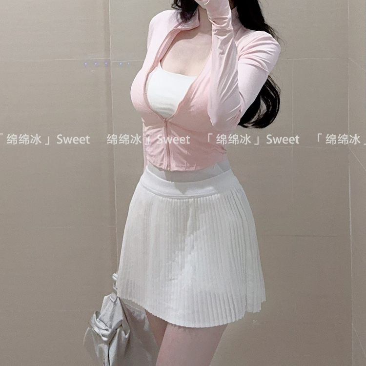 Mianmianbing [Heart-Pounding] Pink Sunscreen Yoga Wear Quick-Drying Jacket Waist-Cinching Short Slimming Skirt Set