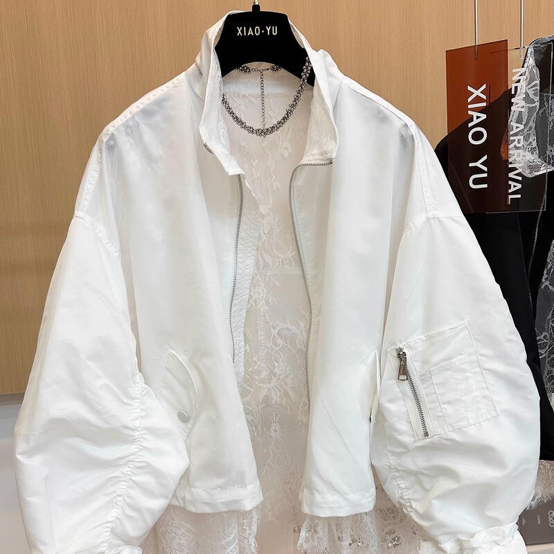 High-End European Style Autumn New Arrivals This Year, Trendy Lace Mesh Patchwork Loose Stand Collar Zipper Jacket Coat for Women High-End European Style Autumn New Arrivals This Year, Trendy Lace Mesh Patchwork Loose Stand Collar Zipper Jacket Coat for Women