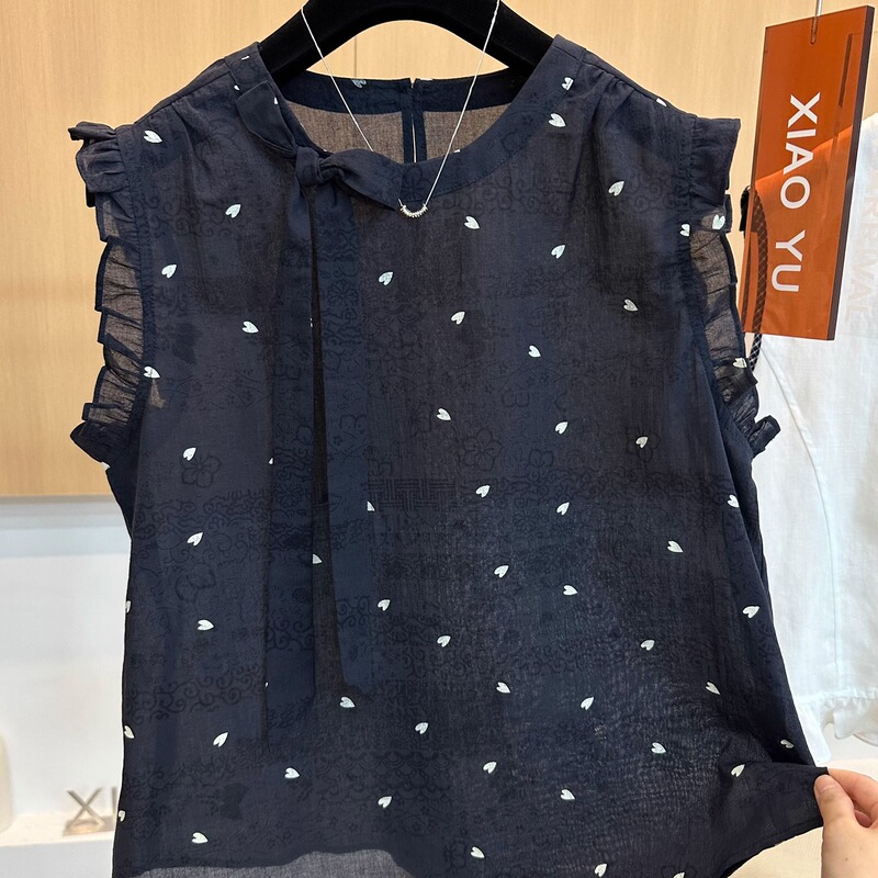 High-End European Summer New Fashion Trendy Heart Print Tie-Up Ruffled Sleeveless Tank Top Shirt for Women