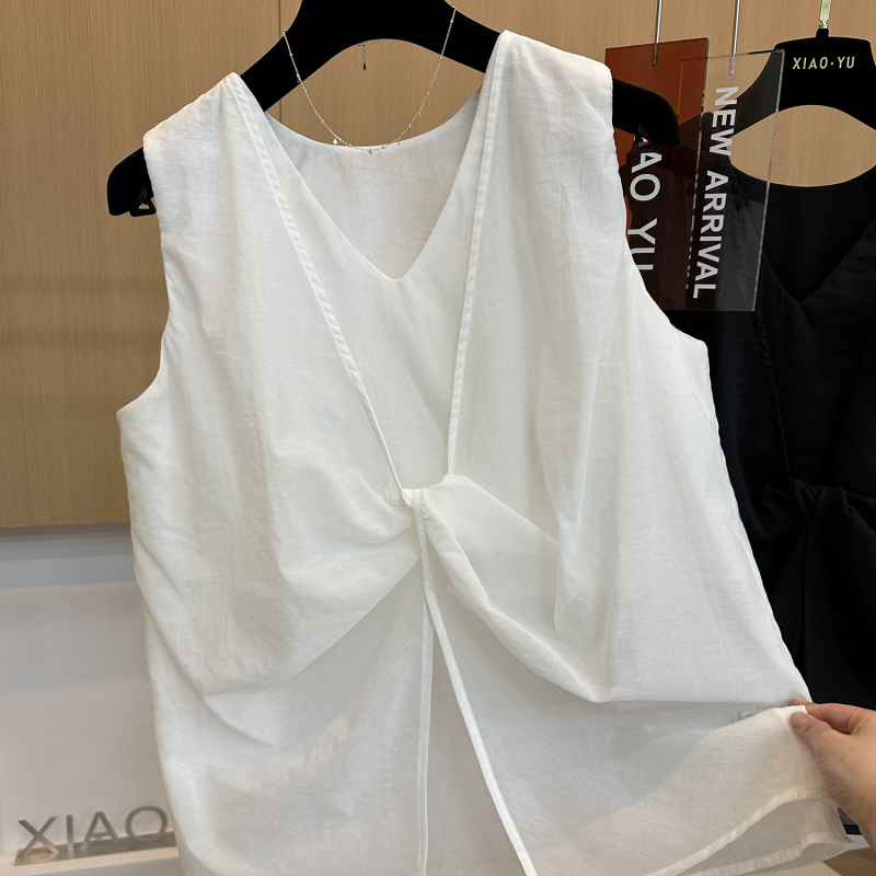 High-End European Summer New Design Niche Irregular Pleated V-Neck Loose Sleeveless Shirt Vest Top for Women High-End European Summer New Design Niche Irregular Pleated V-Neck Loose Sleeveless Shirt Vest Top for Women