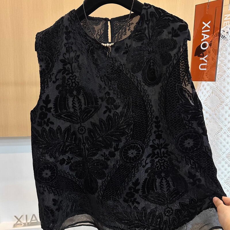 High-End European Summer New Arrivals This Year, Trendy Retro Velvet Print Sleeveless Vest, Tencel Tank Top Shirt for Women High-End European Summer New Arrivals This Year, Trendy Retro Velvet Print Sleeveless Vest, Tencel Tank Top Shirt for Women