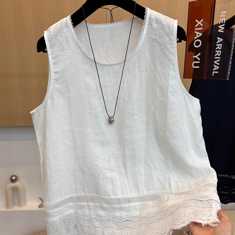 High-End European Summer New Style, Elegant and Fashionable Lace Embroidered Sleeveless Pure Linen Vest Shirt Top for Women