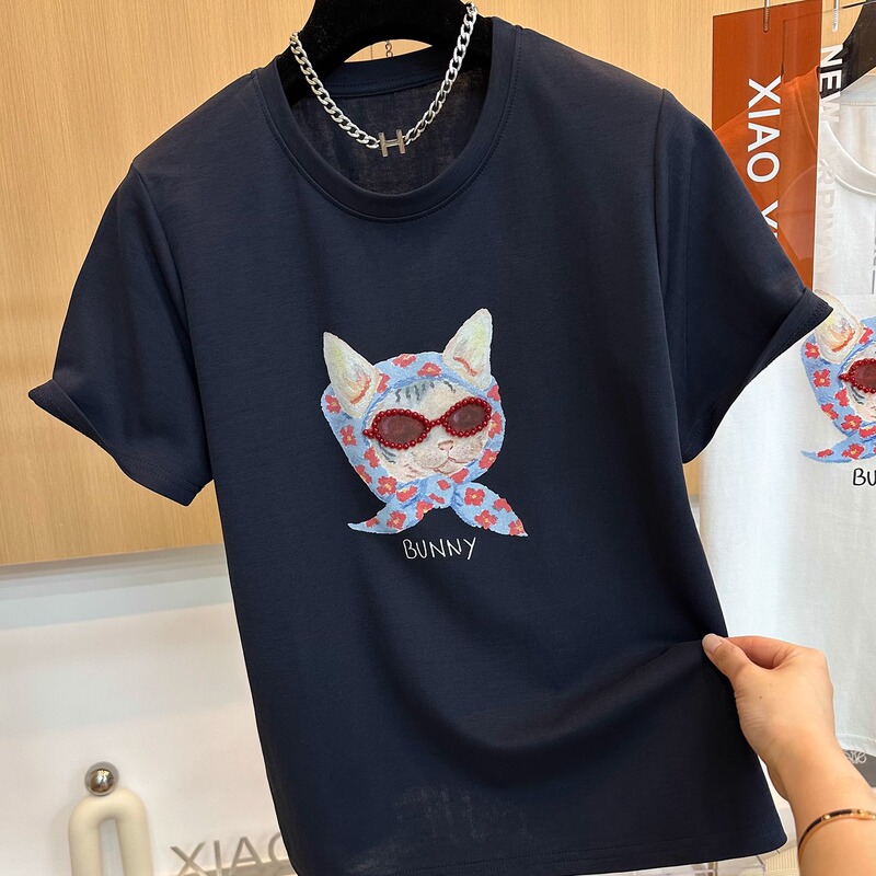 High-End European Summer New Design Niche Colorful Cat Cartoon Print Round Neck Short-Sleeved T-Shirt Top for Women