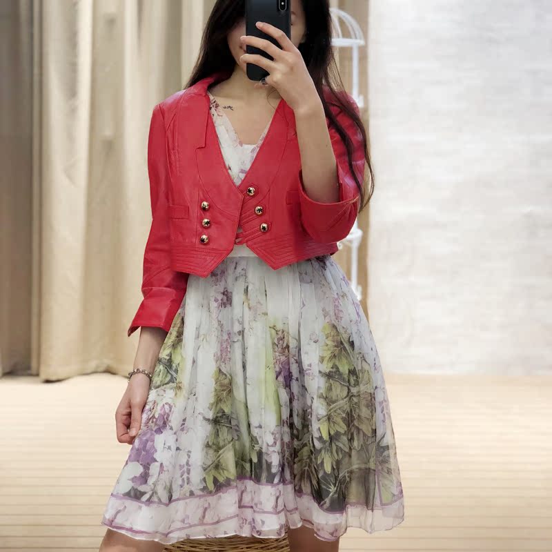 Áo len cổ chữ V 7 điểm hoang dã mùa xuân và mùa thu Hàn Quốc phiên bản Hàn Quốc mỏng manh bằng da ngắn lông cừu nữ 1R805L áo da cừu nhập khẩu