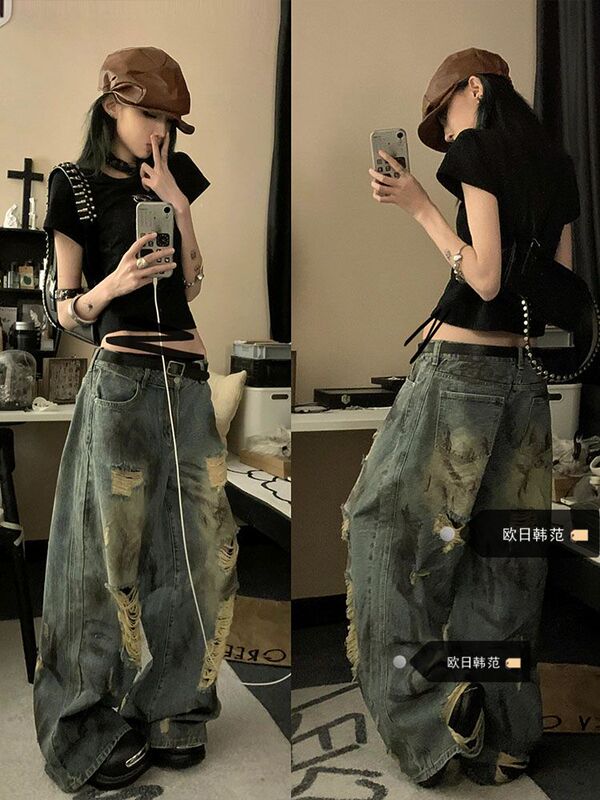 Plus-Size American Retro Wasteland Style Splatter-Dyed Ripped Jeans for Women, New Summer Washed Drape Straight-Leg Floor-Length Pants