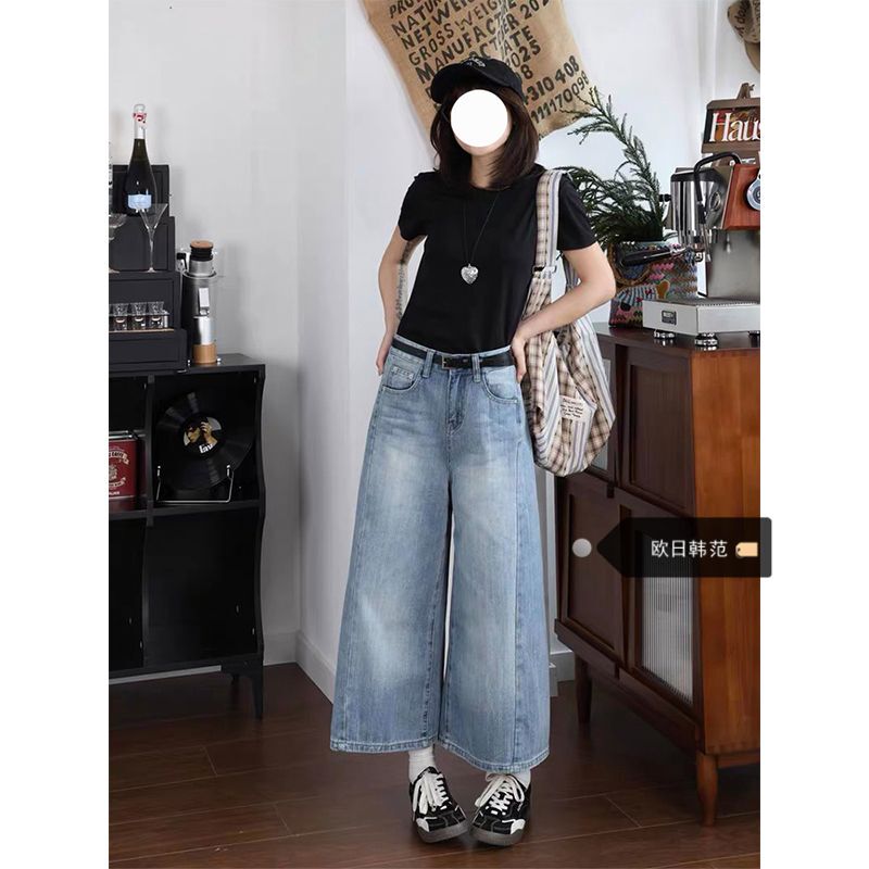 Plus-Size High Street Vintage Blue Wide-Leg Jeans for Women, 2026 Autumn New High-Waisted Loose Slimming Cropped Pants