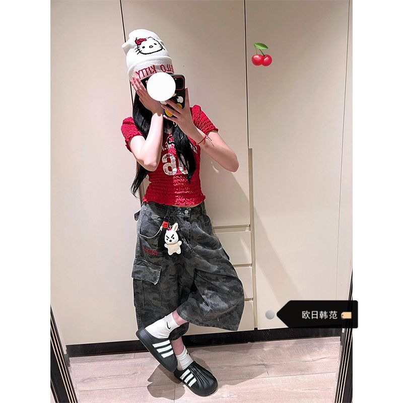 Plus-Size Simple Design with Large Pockets Camouflage Cropped Jeans for Women, New Spring Style Loose Wide-Leg Cargo Pants Trendy Plus-Size Simple Design with Large Pockets Camouflage Cropped Jeans for Women, New Spring Style Loose Wide-Leg Cargo Pants Trendy
