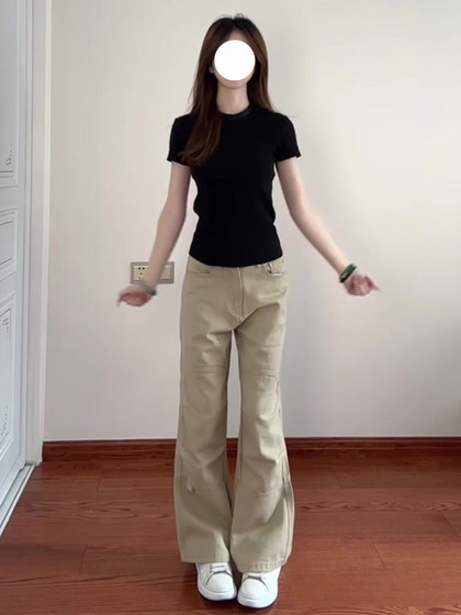 大码2025春季新款微喇卡其色工装裤女高腰复古设计感直筒牛仔裤子