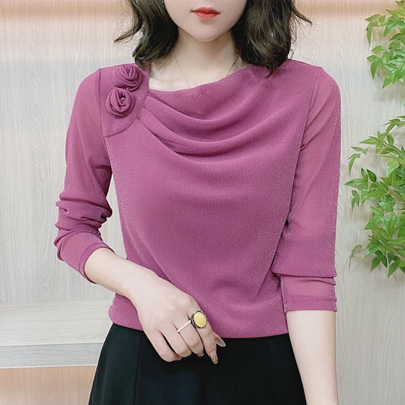 Spring and Autumn Long-Sleeved Shirt with Pocket Collar and Shoulder Flower Design, Solid Color, Fashionable Mesh, Stretchy, Slim-Fitting, Flattering for Middle-Aged Women