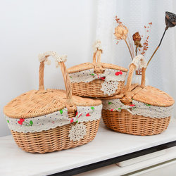 Outdoor Picnic Basket Rattan Wicker Storage Basket Pastoral with Lid I Shopping Gift Egg Basket Hotel Cleaning Tool Basket