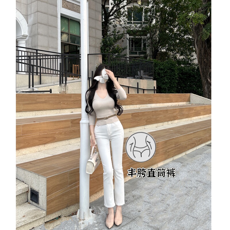 Pure Desire for a Fuller Hip~ Mature Lady Style White Straight-Leg Pants That Make You Look Slimmer and Have Slender Legs, Cropped Cigarette Pants, Hip-Enhancing Jeans