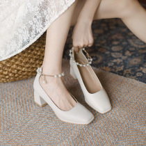 Single shoes for women 2024 new spring and autumn French fairy style thick heels retro pearl high heels gentle Mary Jane shoes for women