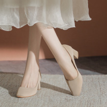 Nude color high-heeled shoes for women with a sense of design niche temperament spring non-tiring feet thick heels soft leather shoes with skirts