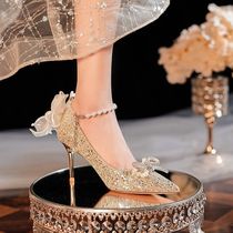 6681-60-042 Shallow bow pearl stiletto womens shoes high heels French style ladies wedding shoes bridesmaids