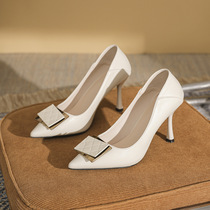 2024 new pointed toe stiletto high heels large size fattened and widened square buckle womens single shoes small size shallow mouth commuting to work