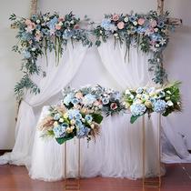 New wedding pink floral arch Wedding stage welcome area background decoration Triangle flower row flower wall Hotel