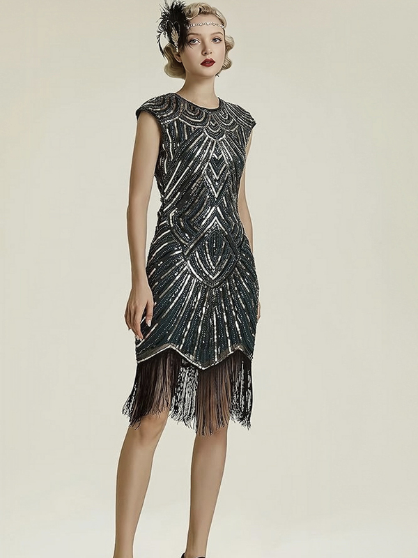 Retro Gatsby Sequin Splicing Tassel European and American 1920S Prom Banquet Dress Round Neck Sleeveless Dance Performance