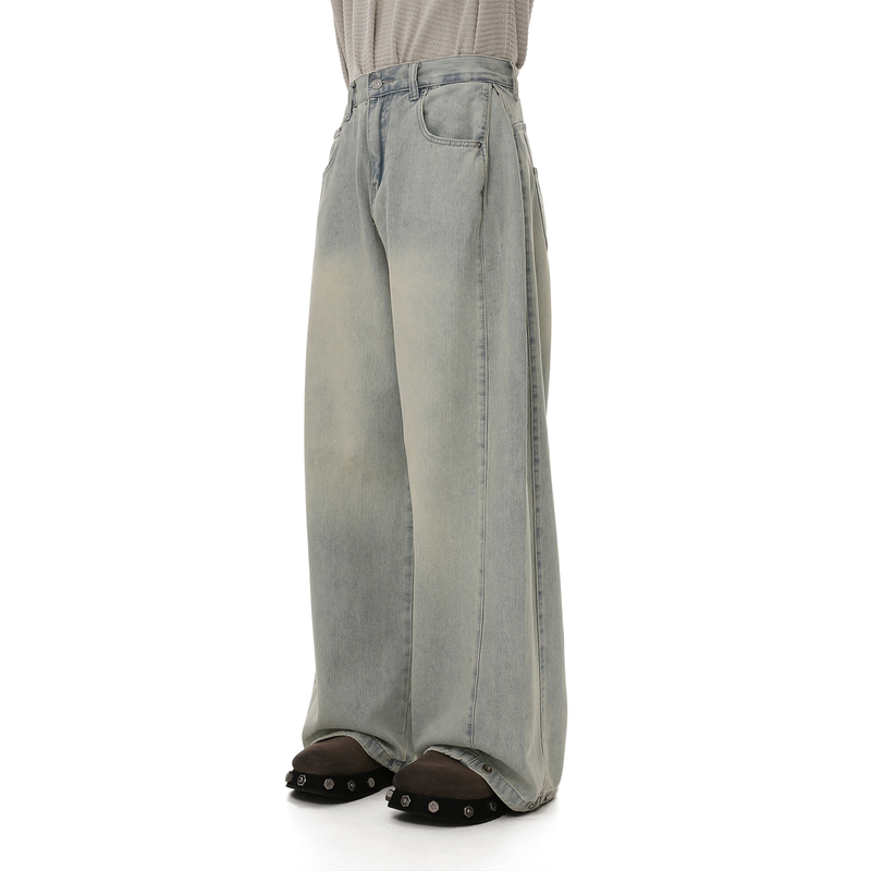Gibbycna Spring/Summer New Vintage Jeans for Men, American Style Loose Light Blue Slimming Floor-Length Wide-Leg Pants