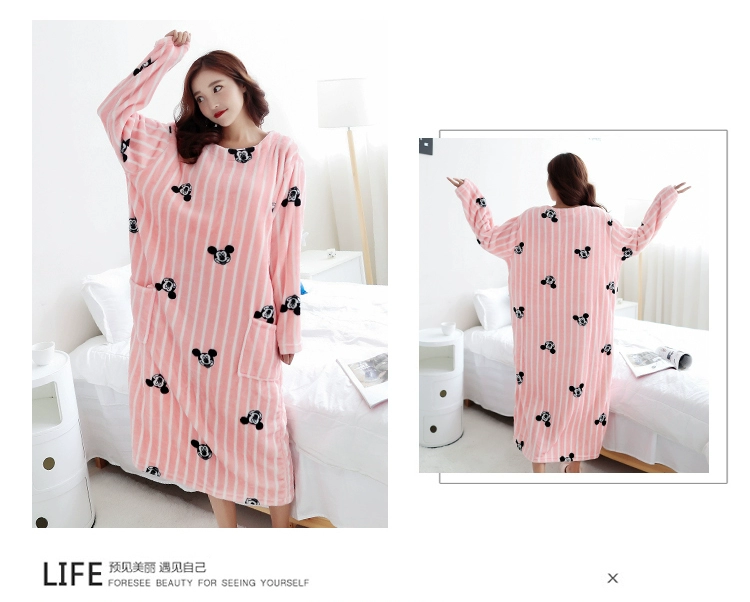 Fat m200 kg san hô nhung dễ thương váy ngủ nữ mùa đông siêu dài flannel lỏng kích thước lớn phụ nữ mang thai đồ ngủ
