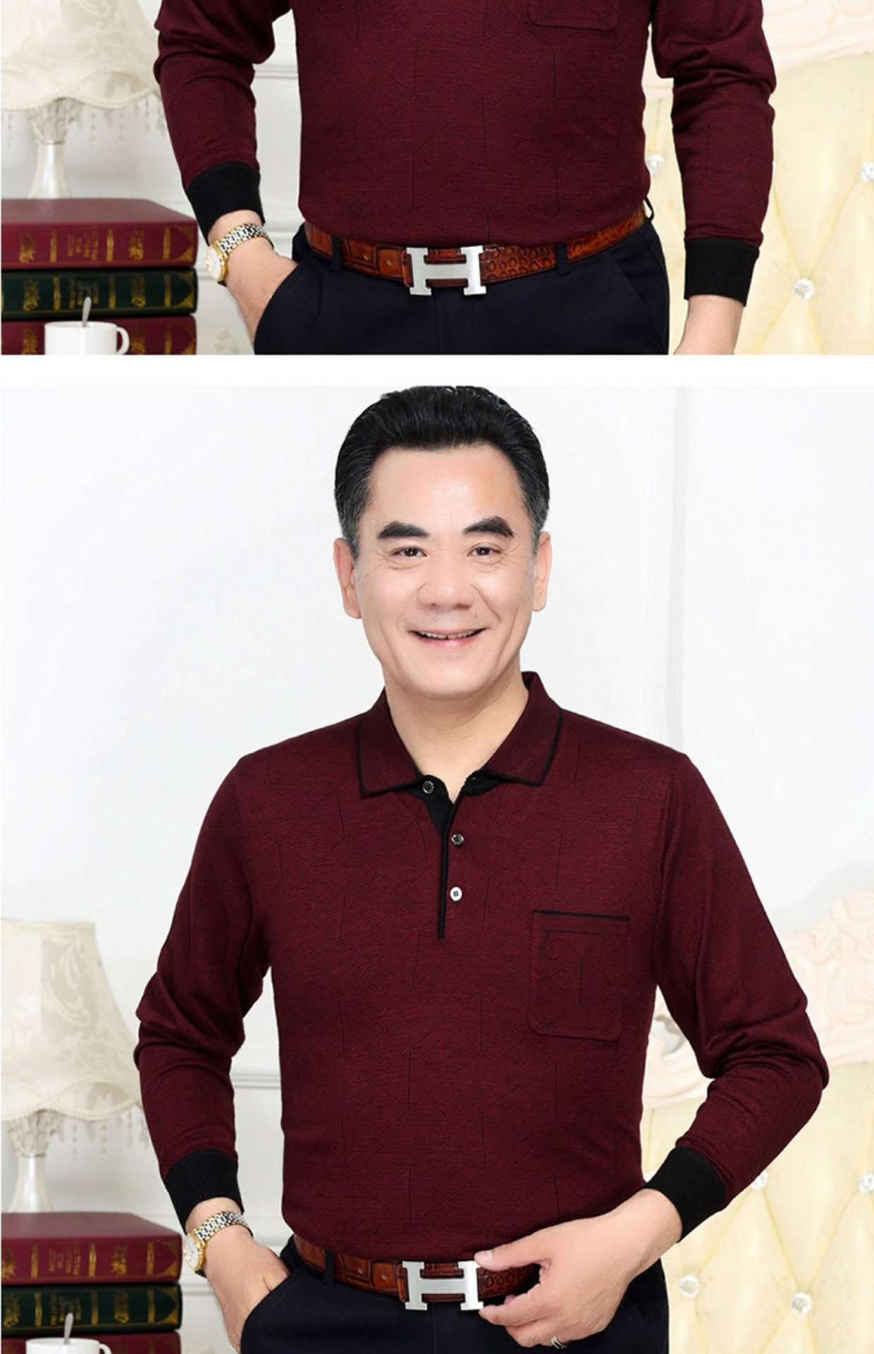 Mùa xuân trung niên nam dài tay áo thun ve áo trung niên túi đáy áo 40-50 tuổi bố mặc quần áo mùa thu mặc bên ngoài áo thun nam có cổ
