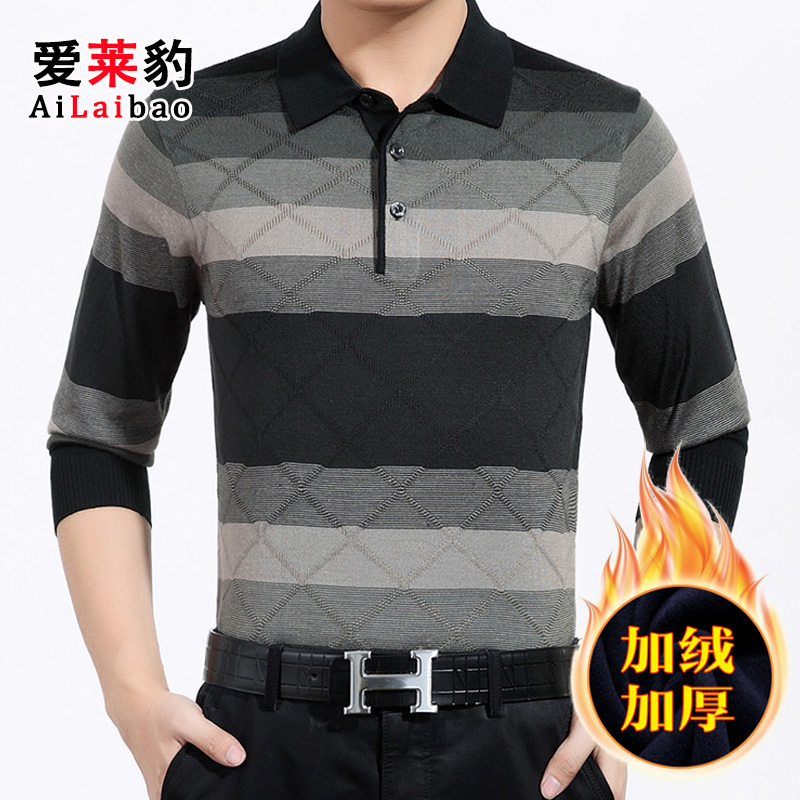 Đàn ông trung niên áo thun dài tay cộng với quần áo nhung ấm áp của cha trung niên áo sơ mi nam đan cổ áo dày áo thun unisex