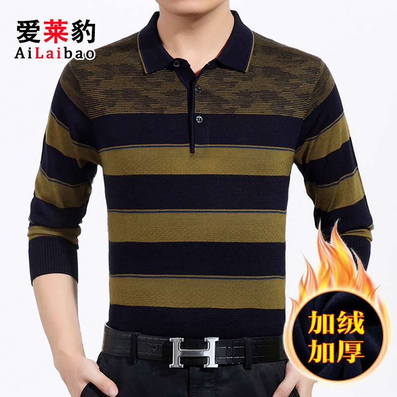 Đàn ông trung niên áo thun dài tay cộng với quần áo nhung ấm áp của cha trung niên áo sơ mi nam đan cổ áo dày áo thun unisex