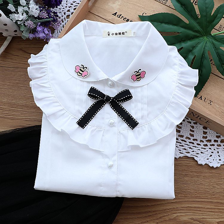 Mùa xuân hè mới bé gái áo sơ mi trắng công chúa tay dài trẻ em lớn cotton áo sơ mi trẻ em sơ mi áo sơ mi 12 tuổi 15 - Áo sơ mi áo sơ mi trẻ em 10 tuổi