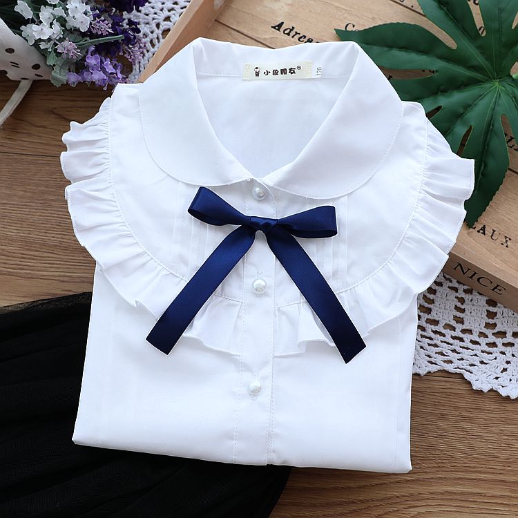 Mùa xuân hè mới bé gái áo sơ mi trắng công chúa tay dài trẻ em lớn cotton áo sơ mi trẻ em sơ mi áo sơ mi 12 tuổi 15 - Áo sơ mi áo sơ mi trẻ em 10 tuổi
