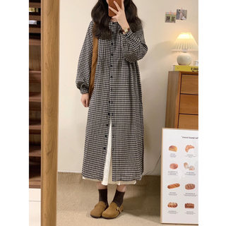 Japanese retro plaid long-sleeved shirt skirt for women in autumn