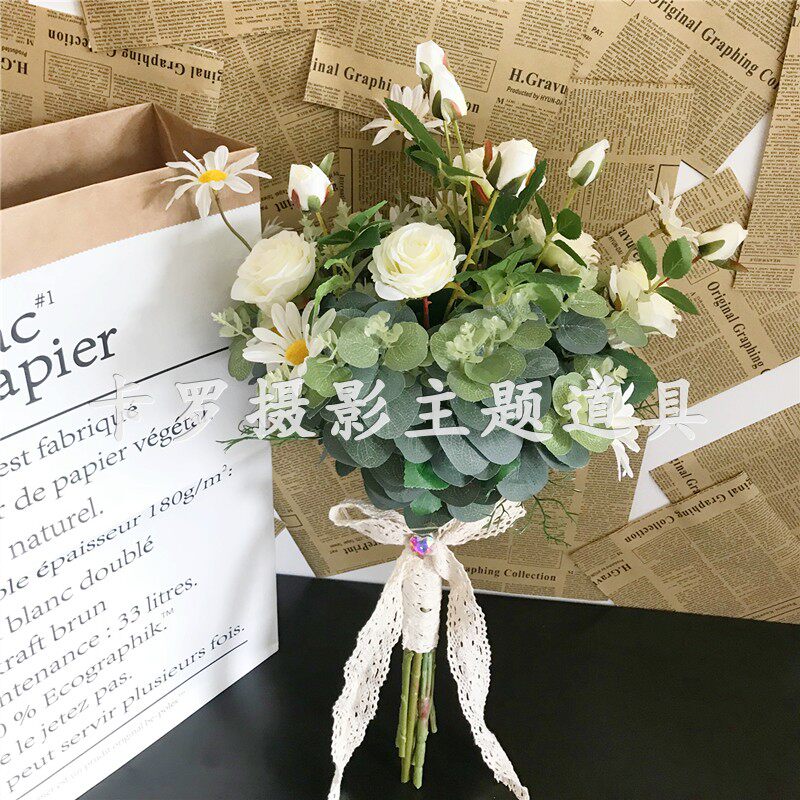 Brigade Filming Mori Series White Roses Holding Flowers Long Pole Small Fresh Out Scene Shooting Props Bridal Wedding Hand Grab Emulation Flowers