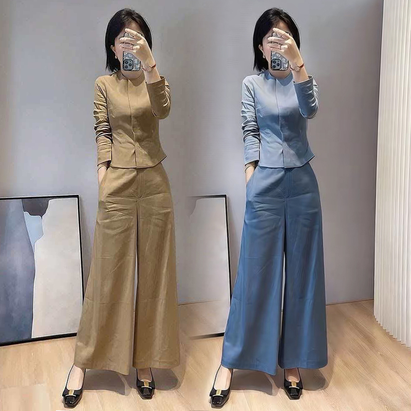 Fashionable and Stylish Women's Suit 2026 Spring New Slim-Fit Chanel-Style Shirt Top and Wide-Leg Pants Slimming Two-Piece Set Fashionable and Stylish Women's Suit 2026 Spring New Slim-Fit Chanel-Style Shirt Top and Wide-Leg Pants Slimming Two-Piece Set