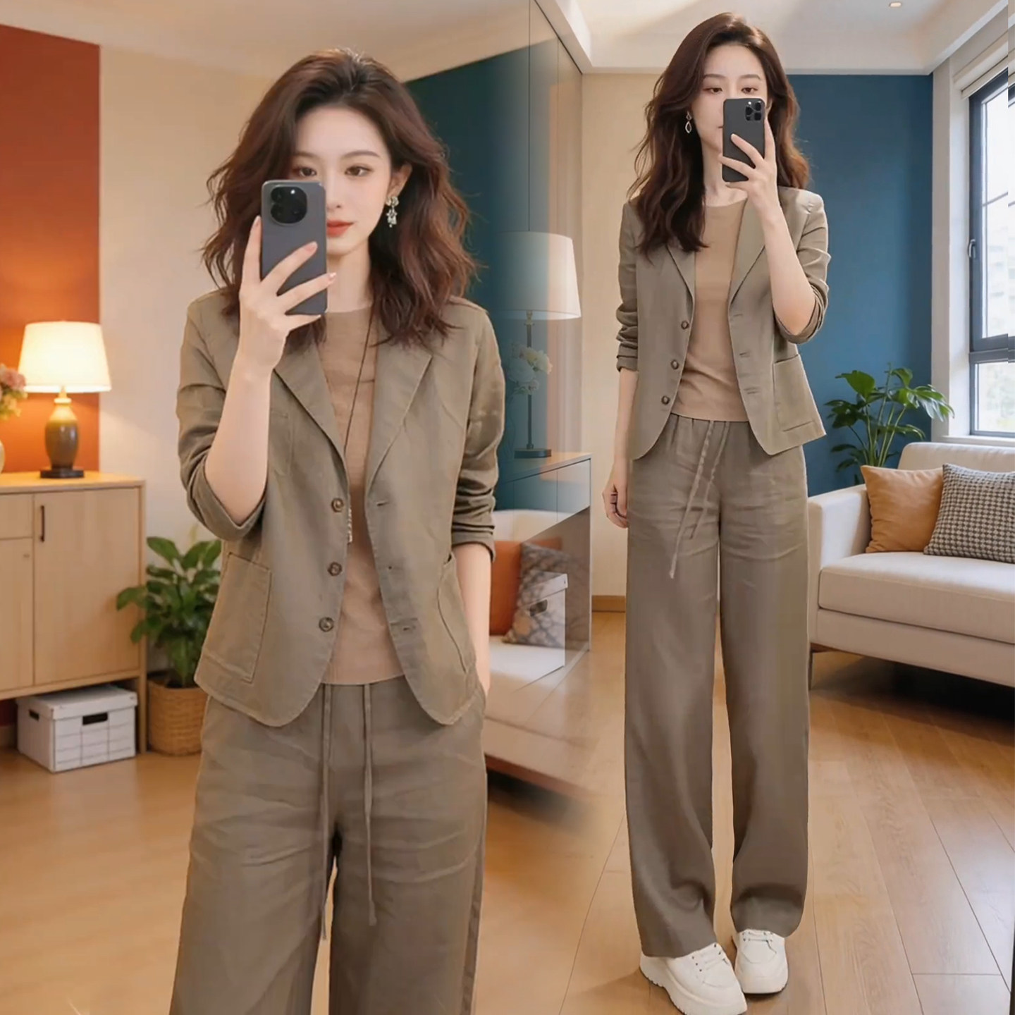 时尚洋气小西装套装女2026春季新款休闲显瘦西服外套阔腿裤两件套