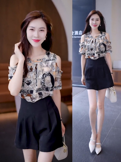 洋气碎花雪纺衫女夏季新款时尚宽松遮肚子显瘦上衣气质露肩小衫潮