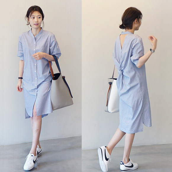 Shirt dress women 2021 summer new Korean stripe design sense of thin public in the long version of the dress children