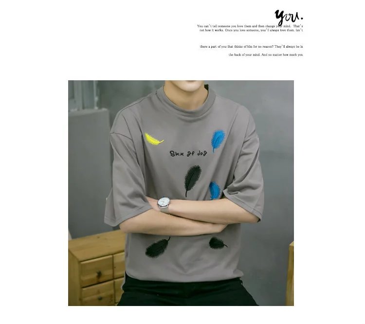 Bảy điểm tay áo của nam giới t-shirt Hàn Quốc phiên bản của sinh viên xu hướng cá tính lỏng 7 điểm trong áo dài tay 5 điểm quần áo ngắn tay