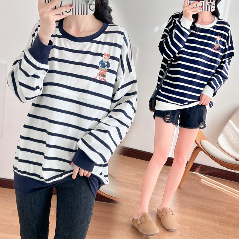 Spring and Autumn Long-Sleeved Nursing T-Shirt Top for Going Out, Trendy Mom Postpartum Breastfeeding Period Striped Large Size Loose Nursing Clothes