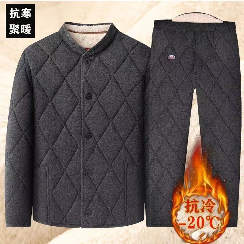 Winter Men's Middle-Aged and Elderly Cotton-Padded Jacket Set, Lamb Fleece, Thickened, Grandpa Style, Warm Cotton-Padded Jacket for Outer Wear, Two-Piece Set