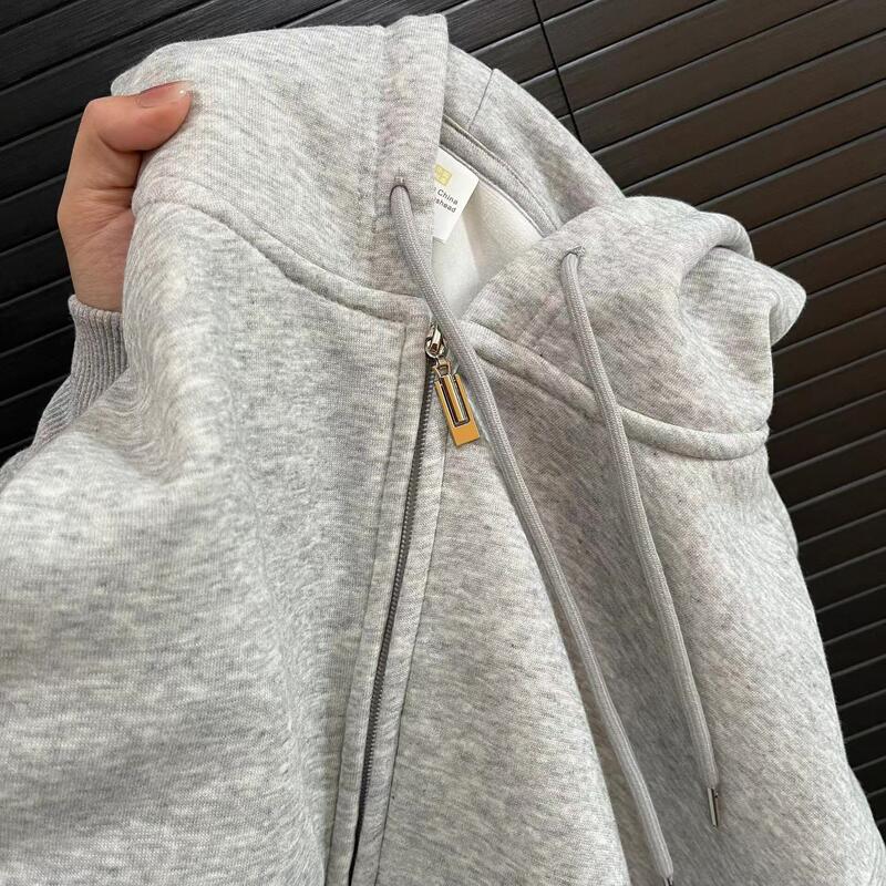 Basic Style Unisex Fleece-Lined Casual Light Gray Zip-Up Sweatshirt Hip-Hop Everyday Versatile Hooded Jacket for Winter