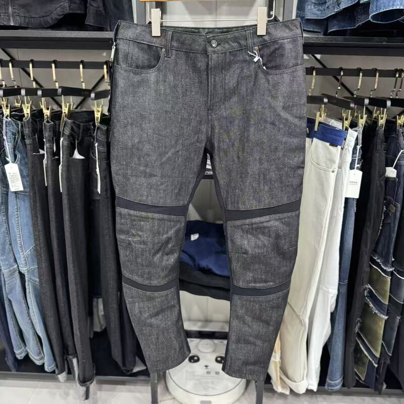 E218 Men's 3D Tailored Spring, Autumn, and Winter Original Color Distressed Ribbed Patchwork Design Zipper Front Denim Pants
