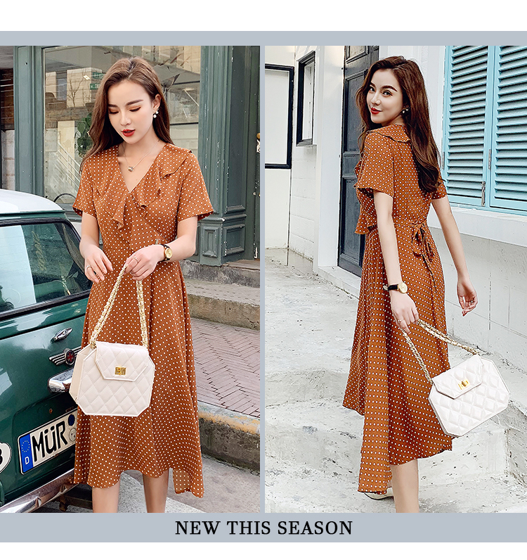 VK旗艦店 韓系荷葉V領波點雪紡長版氣質顯瘦短袖洋裝