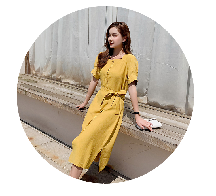 VK旗艦店 韓系純色收腰系帶復古修身氣質顯瘦短袖洋裝