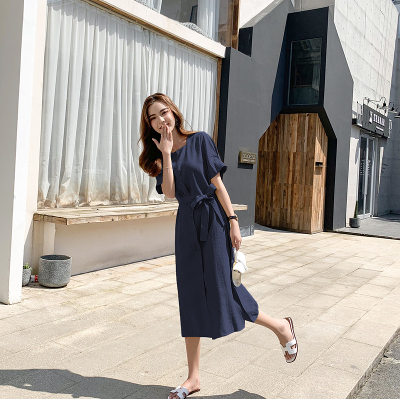 VK旗艦店 韓系純色收腰系帶復古修身氣質顯瘦短袖洋裝
