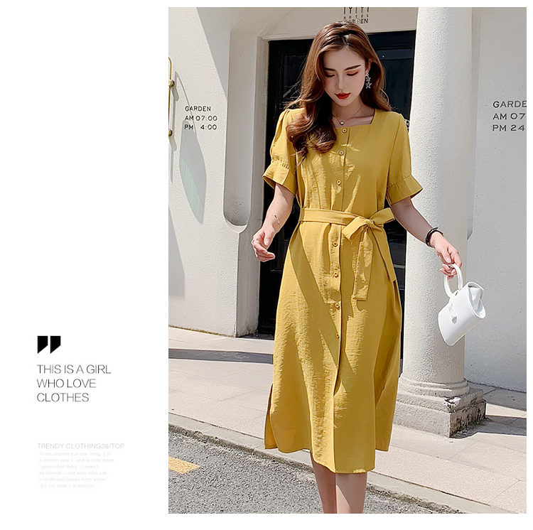 VK旗艦店 韓系純色收腰系帶復古修身氣質顯瘦短袖洋裝