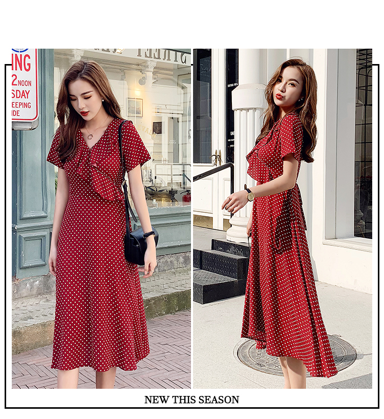 VK旗艦店 韓系荷葉V領波點雪紡長版氣質顯瘦短袖洋裝