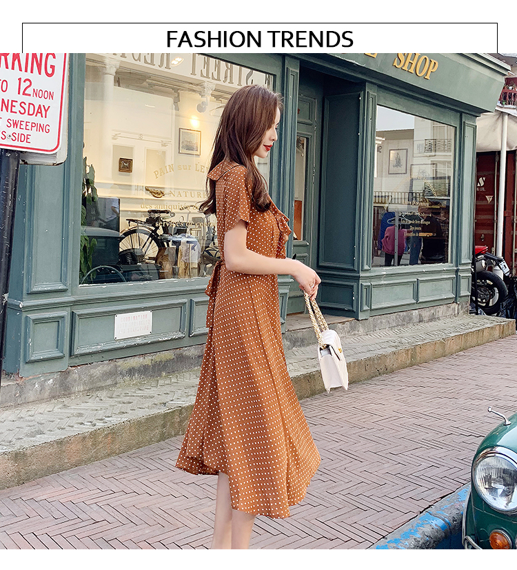 VK旗艦店 韓系荷葉V領波點雪紡長版氣質顯瘦短袖洋裝