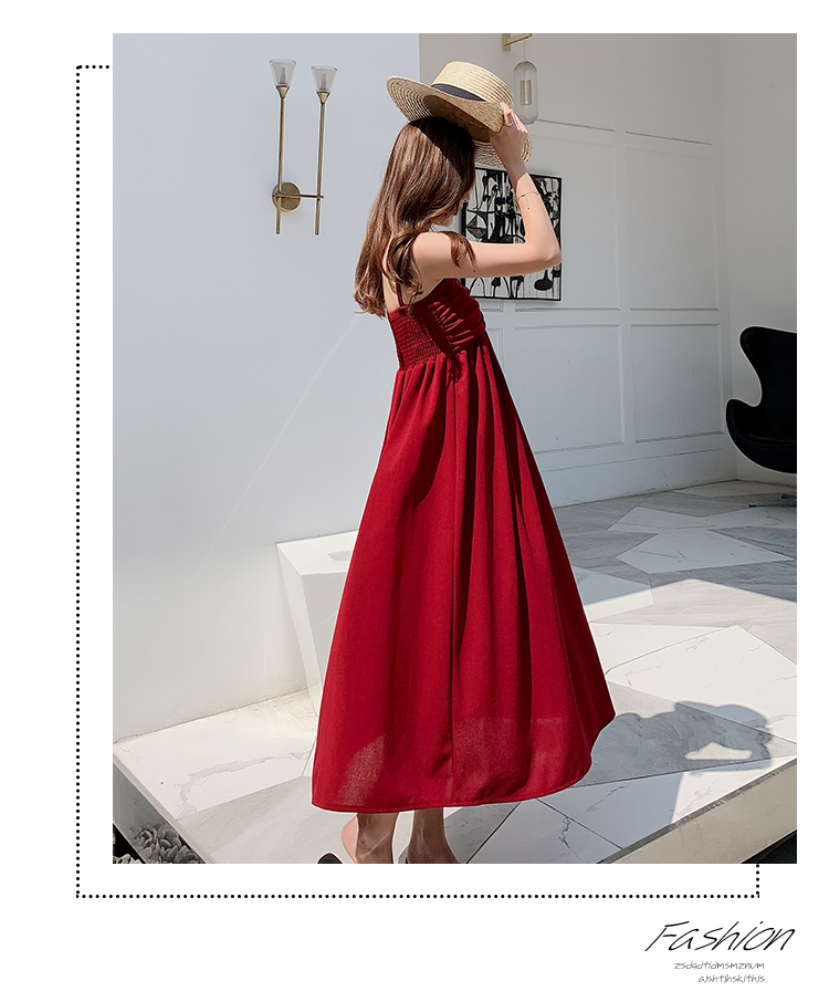 VK旗艦店 韓系時尚沙灘褶皺平口吊帶度假無袖洋裝