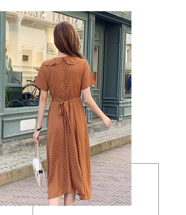 VK旗艦店 韓系荷葉V領波點雪紡長版氣質顯瘦短袖洋裝